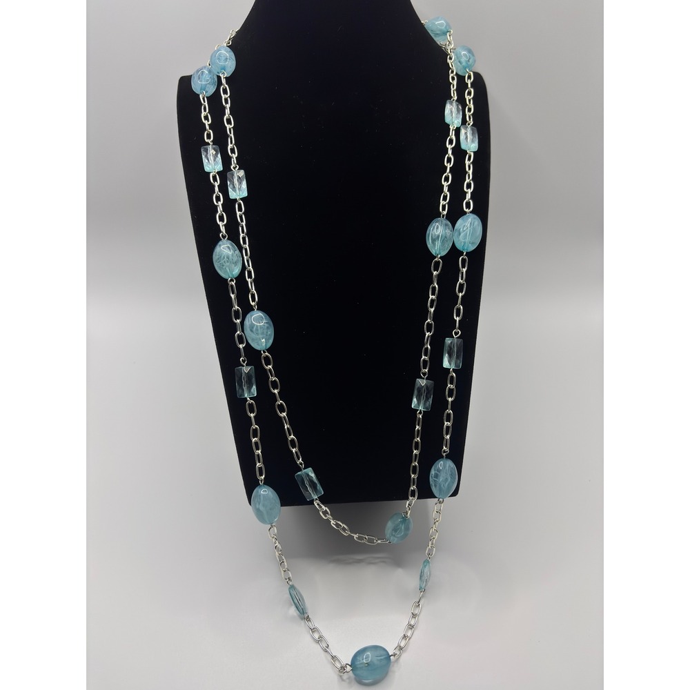 Sonoma Life + Style Silver Tone Blue Bead Double Strand Station Necklace 28"